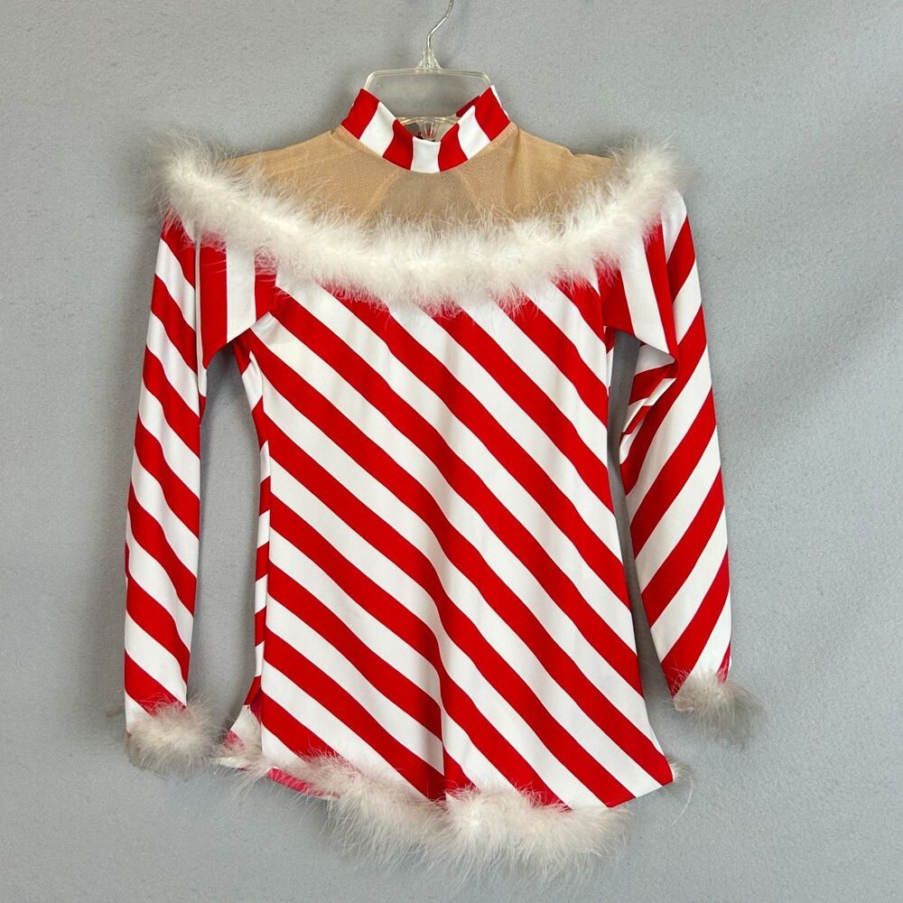 Red White Stripe Child Large Holiday Dance Leotard Fur Trim Long Sleeve Costume